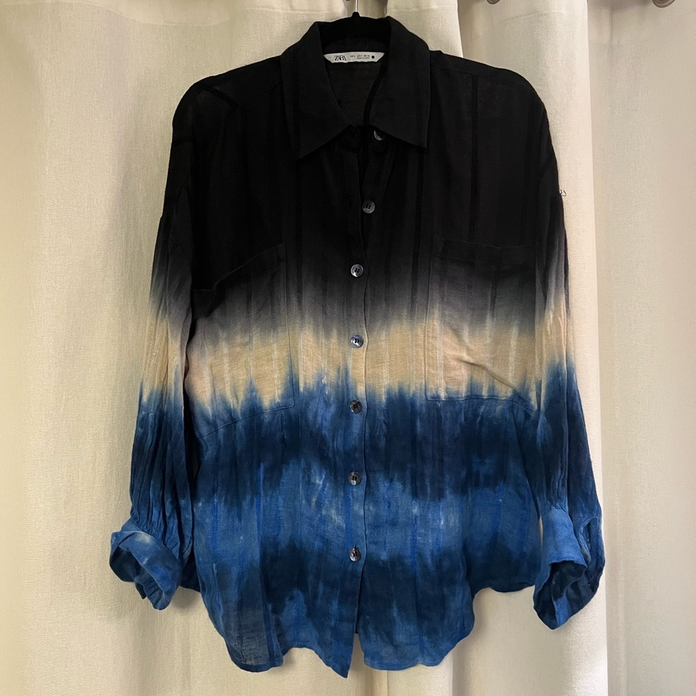Zara Black, Cream & Blue Ombre Button-Down Shirt